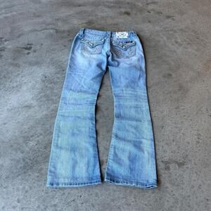 Y2K Miss Me Blue Low Rise Flare Jeans Bedazzled